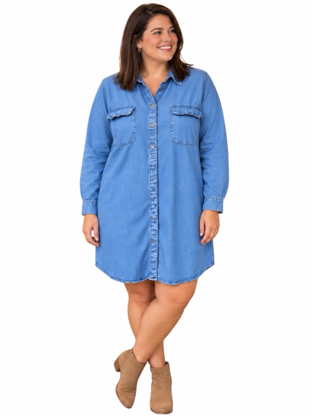 Chico’s 2 (Large) Tencel Lyocell Denim Chambray Tunic Shirtdress Roll Tab Sleeve
